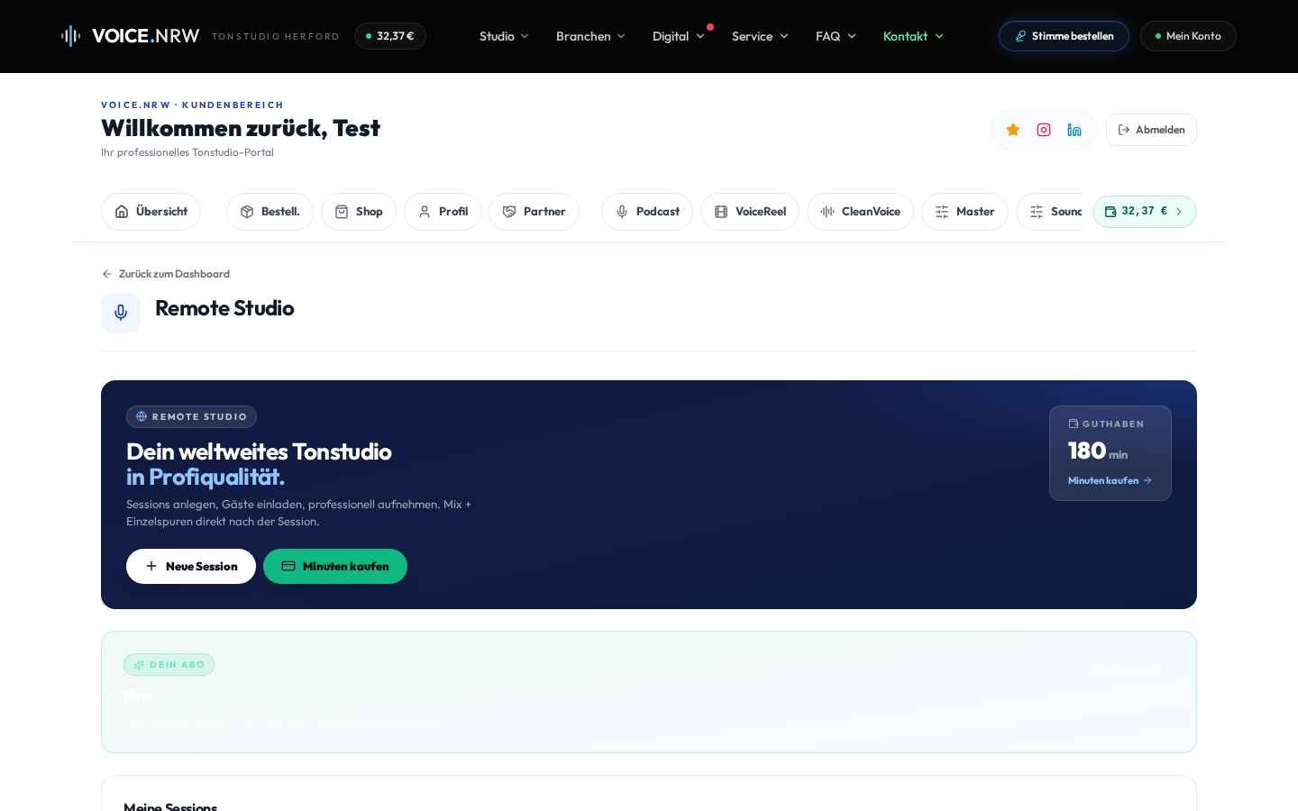 Remote-Studio Tab im VOICE.NRW Kundenbereich mit Wallet 180 Min, Pro-Abo und Session-Liste