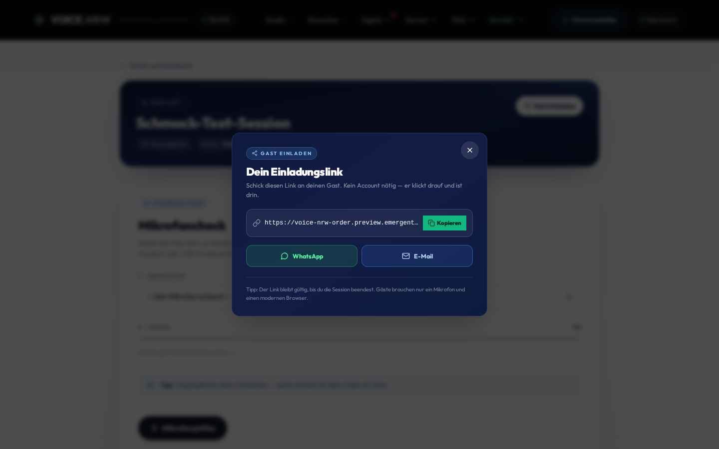 Einladungslink-Modal mit Copy-, WhatsApp- und E-Mail-Button