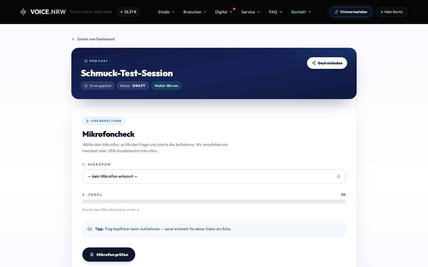 Session-Page mit Mikrofoncheck, Pegel und Aufnahme-Button