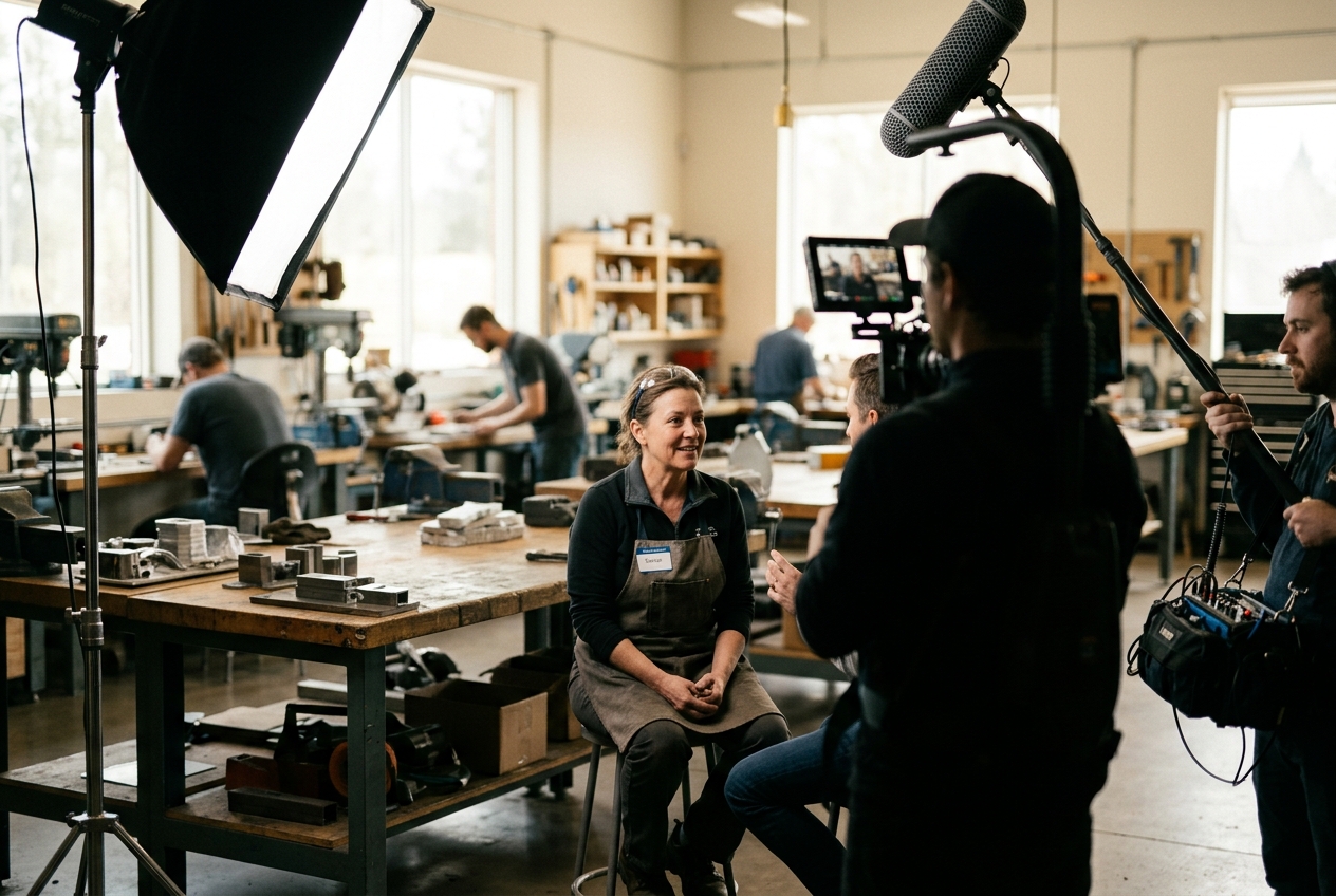 Filmteam interviewt eine Mitarbeiterin für einen Recruitingfilm