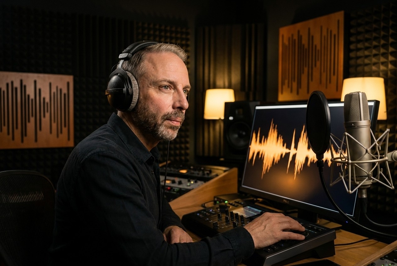 Thomas Dickenbrok bereinigt eine Sprachaufnahme am Studio-Display im VOICE.NRW Tonstudio Herford