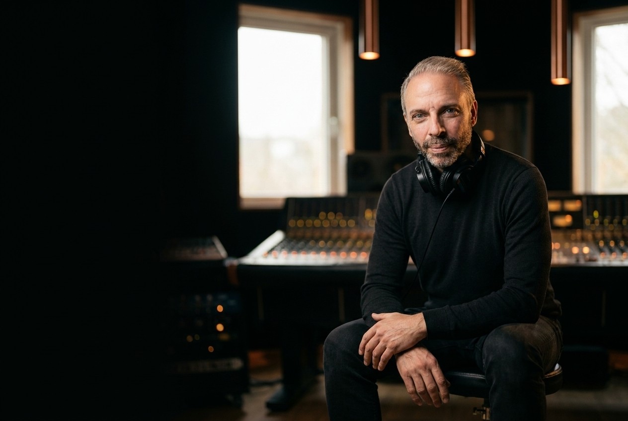 Thomas Dickenbrok am Mischpult seines Tonstudios — Anrufbeantworter-Ansagen persönlich wie von einem vertrauten Geschäftspartner