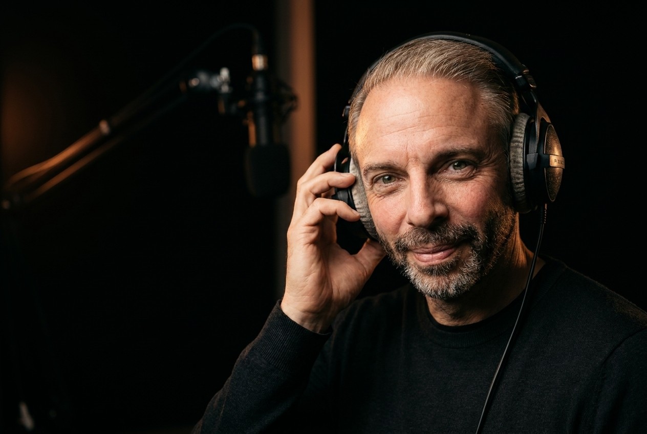 Thomas Dickenbrok mit Kopfhörern am Mikrofon — Hörbeispiele für Telefonansagen von VOICE.NRW