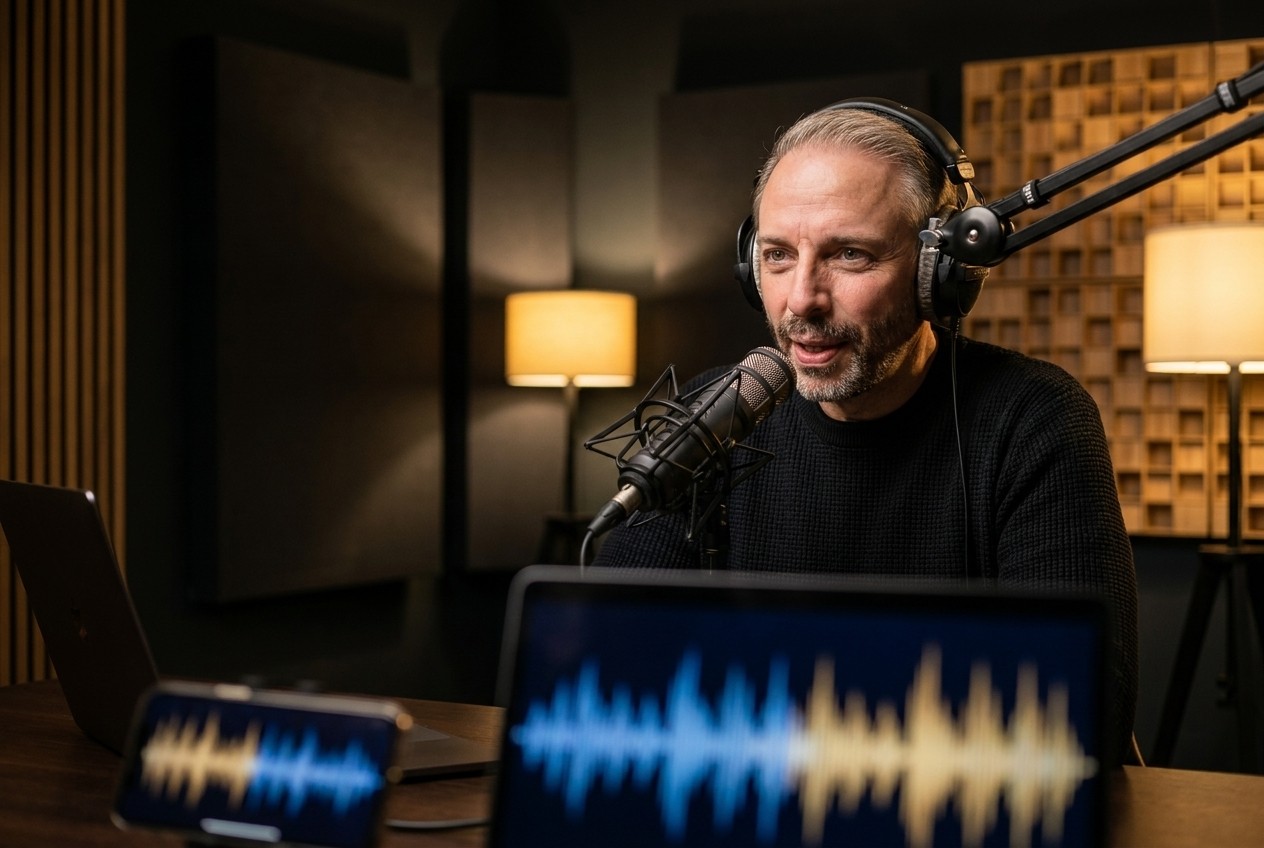 Thomas Dickenbrok nimmt eine Podcast-Episode auf, die als Wellenform auf Laptop und Smartphone erscheint — Podcast-Hosting von VOICE.NRW