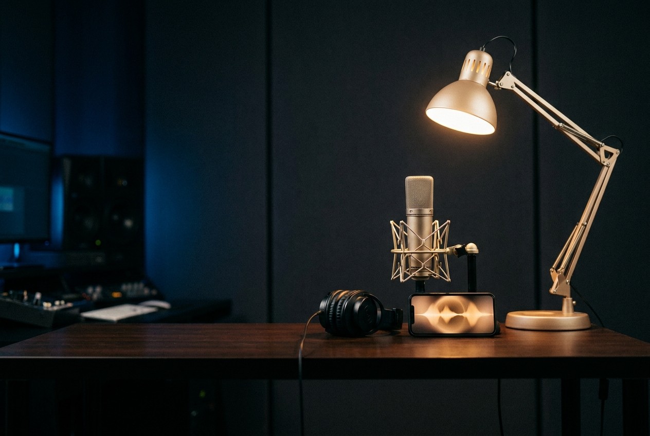 Mikrofon, Kopfhörer und Smartphone mit goldener Wellenform im Studio — dein Podcast, überall hörbar