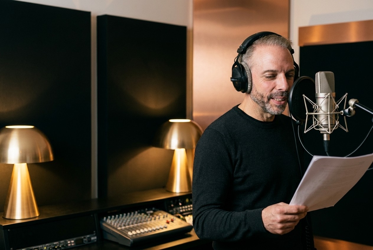 Thomas Dickenbrok bei einer Sprachaufnahme im Tonstudio Herford — Hauptstimme von VOICE.NRW