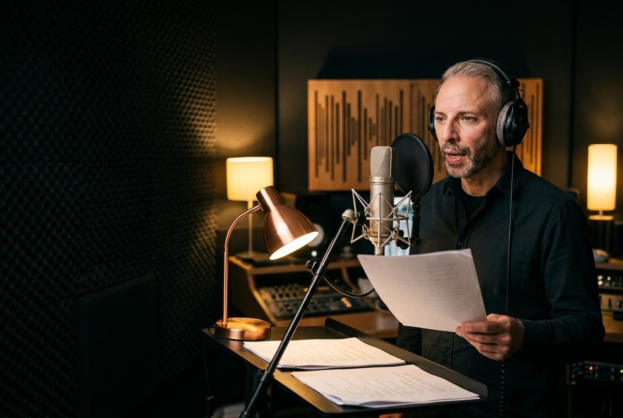 Thomas Dickenbrok spricht die deutsche Originalfassung für mehrsprachiges Voice-Over im VOICE.NRW Tonstudio