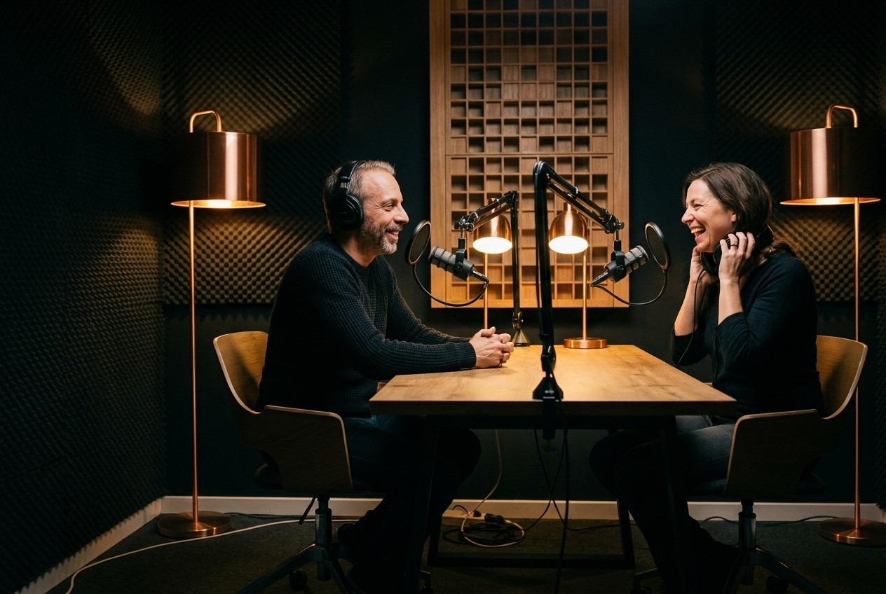 Thomas Dickenbrok im warmen Podcast-Gespräch mit einem Gast im Studio Herford — Podcast produzieren bei VOICE.NRW