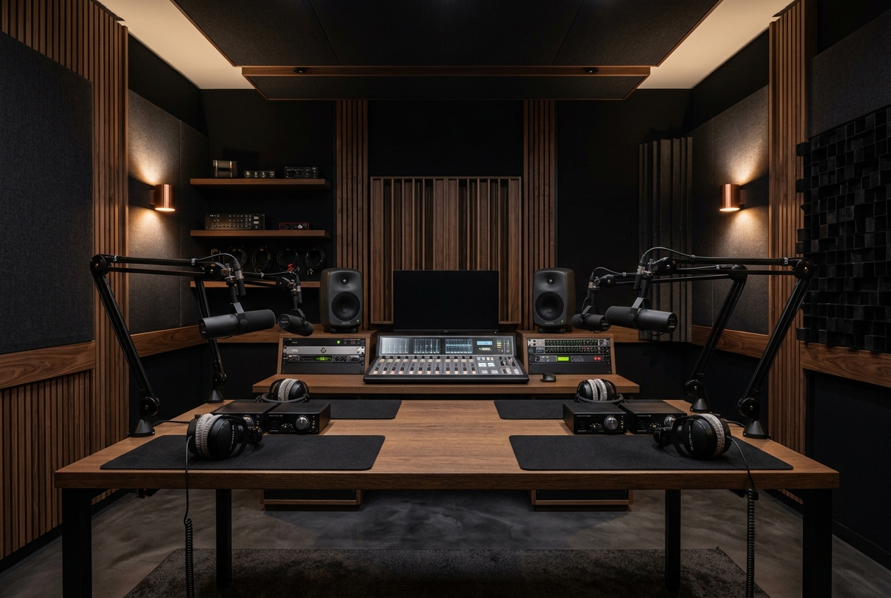 Hochwertiges Podcast-Studio mit Mikrofonen, Akustikwand und Broadcast-Technik