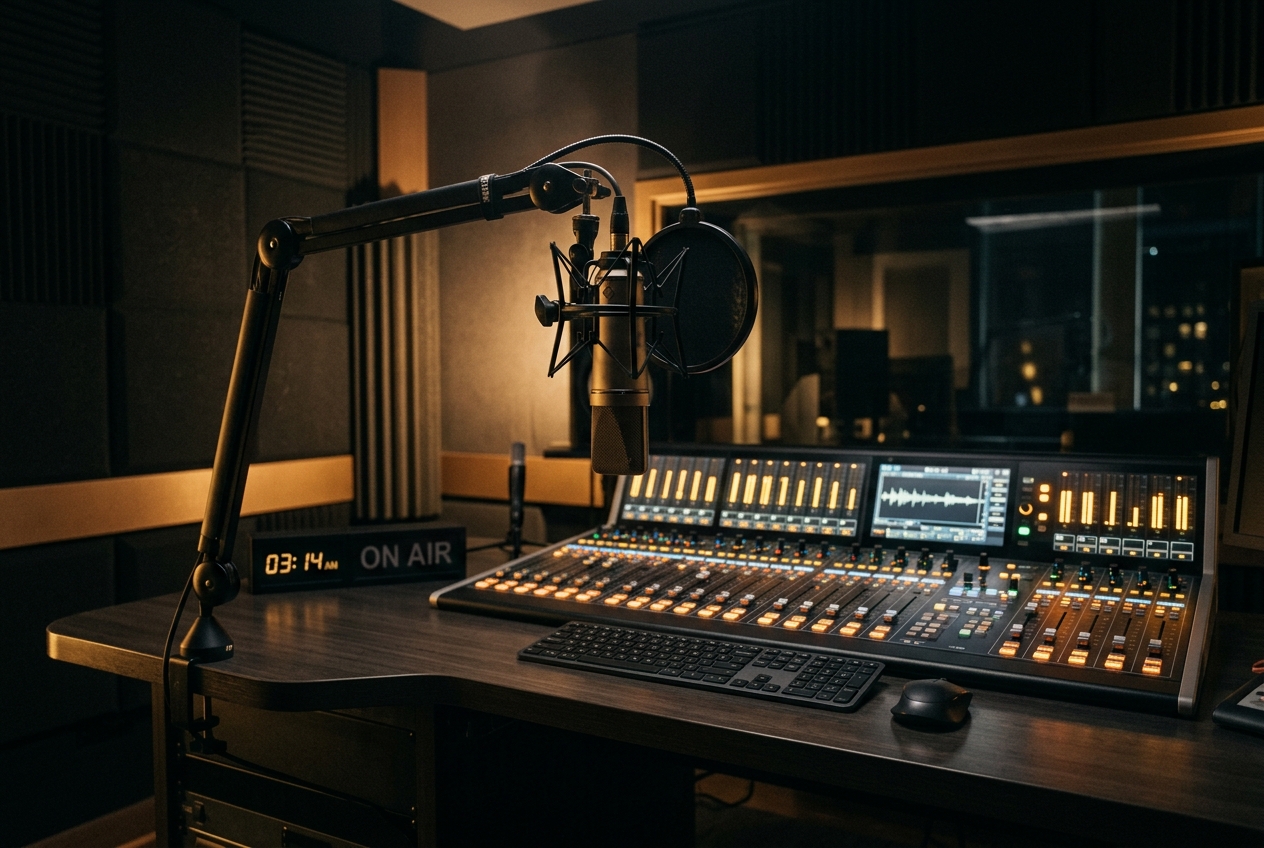 Professionelles Radiostudio mit Mischpult und Mikrofon — Radiospot-Produktion bei VOICE.NRW