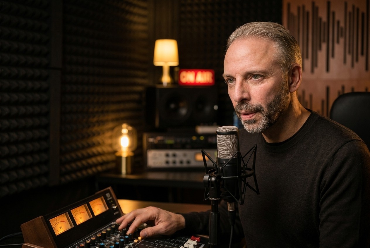 Thomas Dickenbrok produziert einen Radiospot am Mischpult im VOICE.NRW Tonstudio Herford