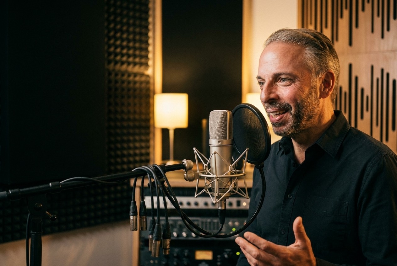 Thomas Dickenbrok nimmt eine geschäftliche Begrüßungsansage im Tonstudio Herford auf — Telefonansagen von VOICE.NRW