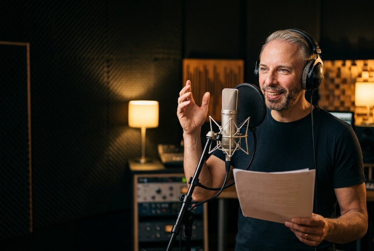 Thomas Dickenbrok spricht einen Werbespot am Studiomikrofon im VOICE.NRW Tonstudio Herford